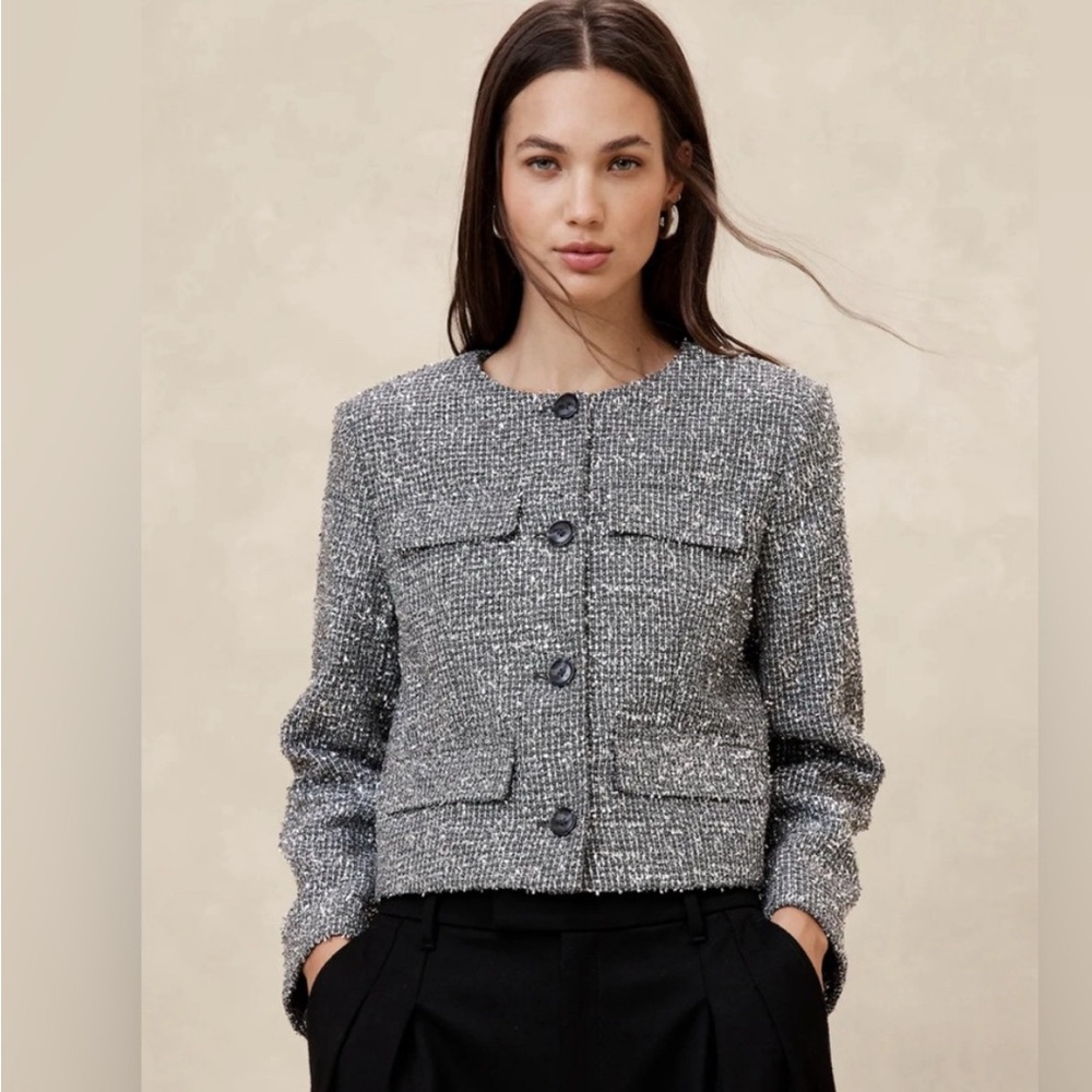 NWT Banana Republic XL Tinsel Tweed Silver Blazer